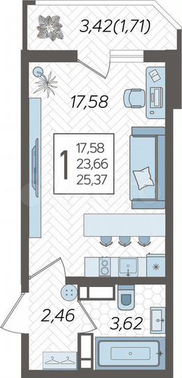 Квартира-студия, 25,4 м², 18/25 эт.