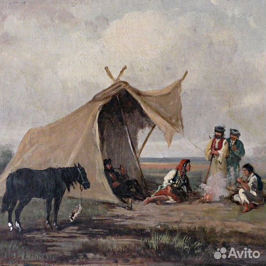 Картина.19 век.Индейцы у костра.Жанровая.Живопись