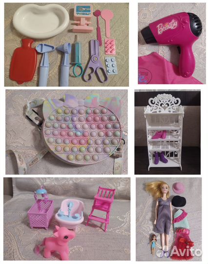 Игрушки: мебель для куклы, набор доктора, фен и тд