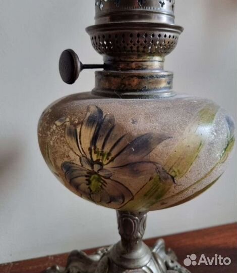 Керосиновая лампа,дутое стекло+ бронза,19век