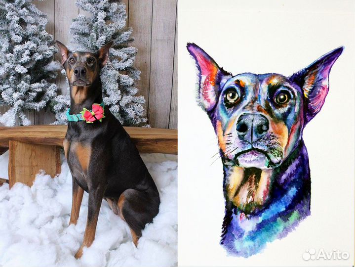Портрет собаки на заказ по фото акварелью