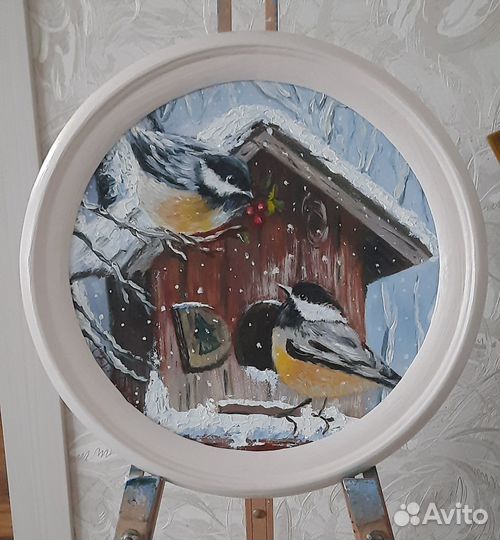 Картина масло холст ручная работа зима птицы