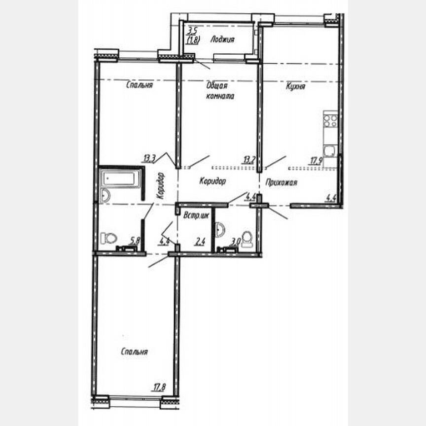 3-к. квартира, 86,6 м², 4/15 эт.