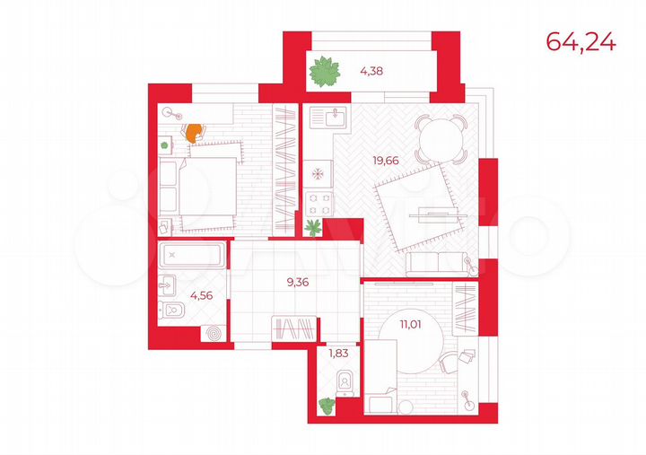 3-к. квартира, 64,2 м², 14/16 эт.