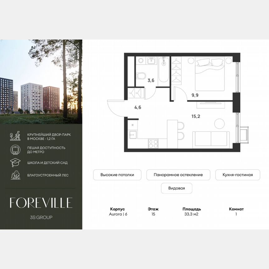 1-к. квартира, 33,3 м², 15/17 эт.