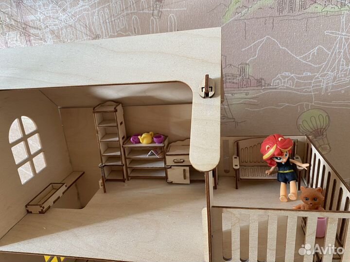 Домик кукольный 3 эт деревянный с мебелью