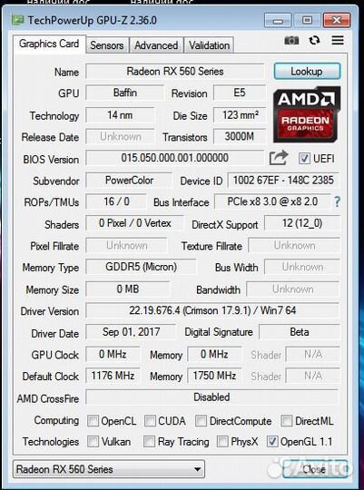 AMD Radeon Powercolor Rx 560 4 Гб полурабочая