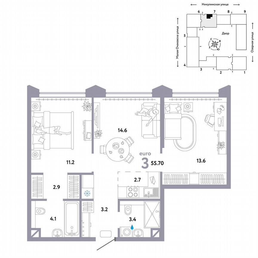 2-к. квартира, 55,7 м², 28/30 эт.