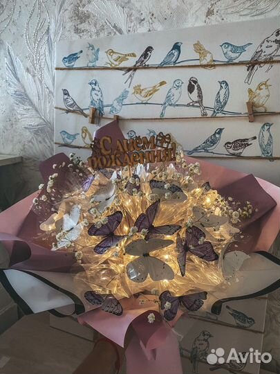 Лиловый букет из бабочек с гипсофилой (25 шт)