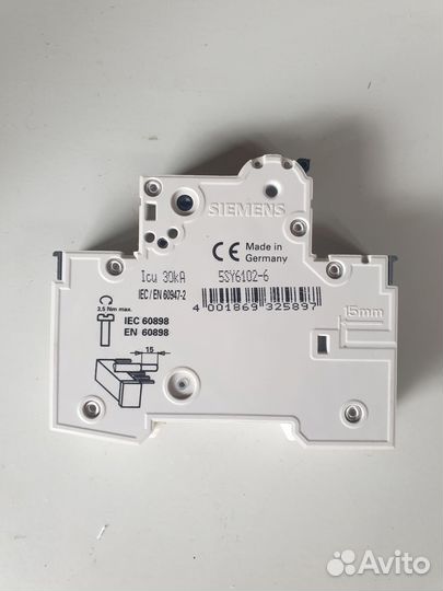 Авт. выкл. Siemens 5SY6102-6, 1P, 2, 6кА, B