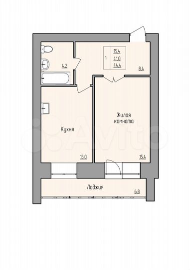 1-к. квартира, 44,4 м², 5/9 эт.