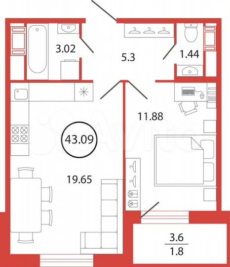 1-к. квартира, 43,1 м², 2/12 эт.