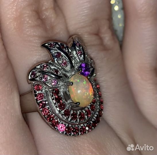 Серебряное кольцо опал, гранат,аметист