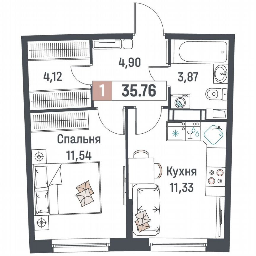 1-к. квартира, 35,8 м², 3/18 эт.