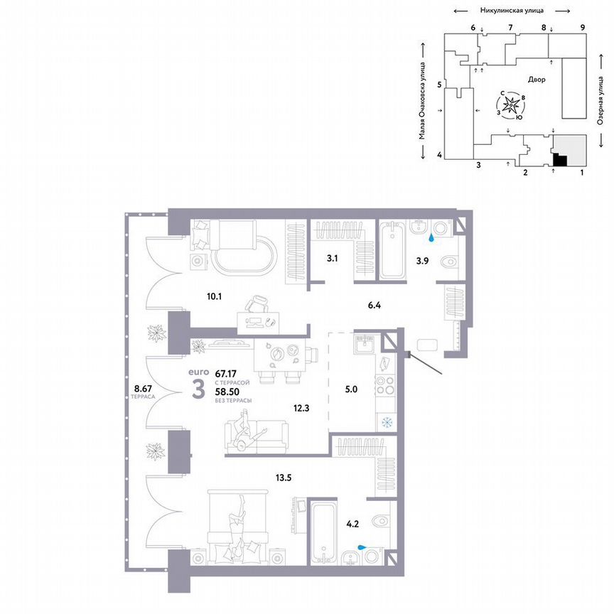 2-к. квартира, 61,1 м², 8/30 эт.