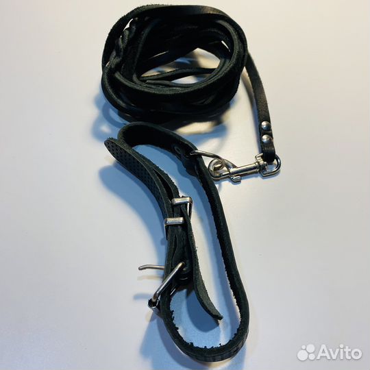 Поводок с ошейником для собак кожаный 2,5м