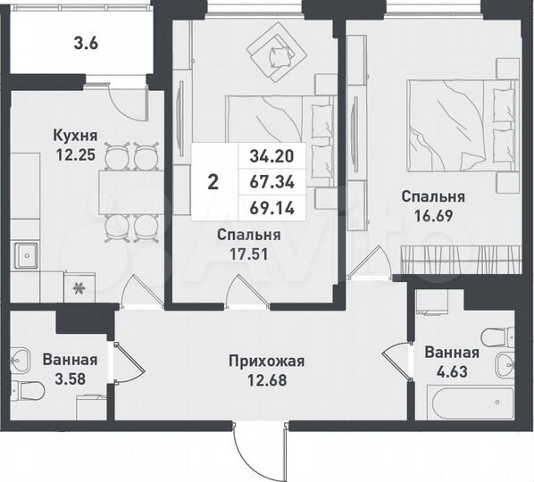 2-к. квартира, 69,1 м², 4/12 эт.