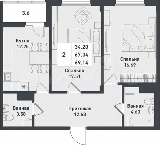 2-к. квартира, 69,1 м², 4/12 эт.