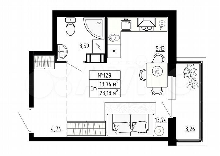 Квартира-студия, 28,2 м², 3/4 эт.