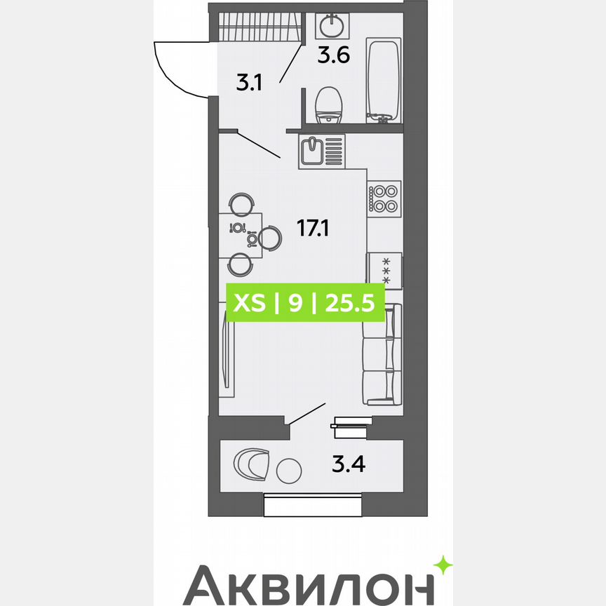 Квартира-студия, 25,5 м², 1/13 эт.