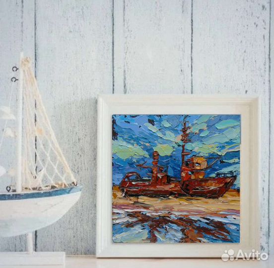 Картина маслом старый корабль баркас море импасто