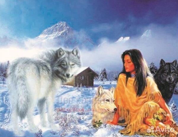 Алмазная мозаика 40x50 Девушка с волками на снегу