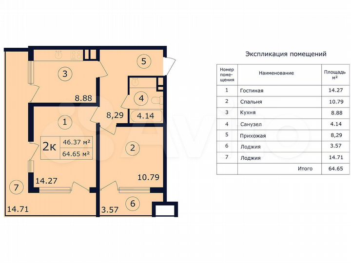 2-к. апартаменты, 66,4 м², 4/14 эт.