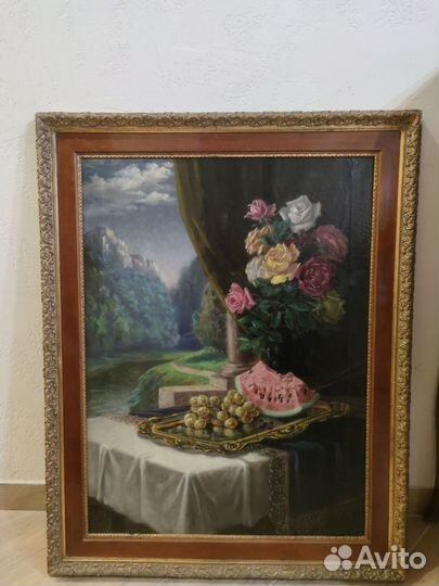Антикварная картина холст масло натюрморт