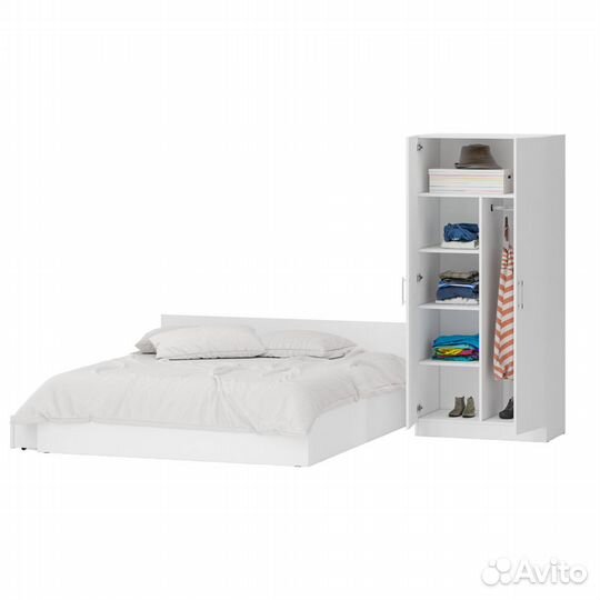 Кровать белая двуспальная с ящиками 1800 со шкафом для одежды 2-х створчатым Стандарт, цвет белый, с