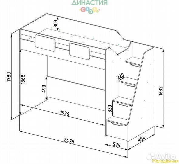 Кровать-чердак Мозаика+кровать Двушка Вяз швейцарский 190х90