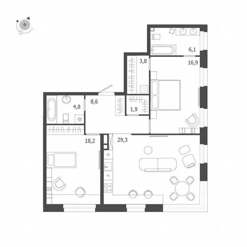 2-к. квартира, 89,6 м², 3/9 эт.