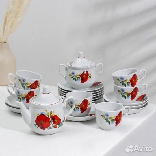 Сервиз чайный «Маки красные», 20 предметов: чайник