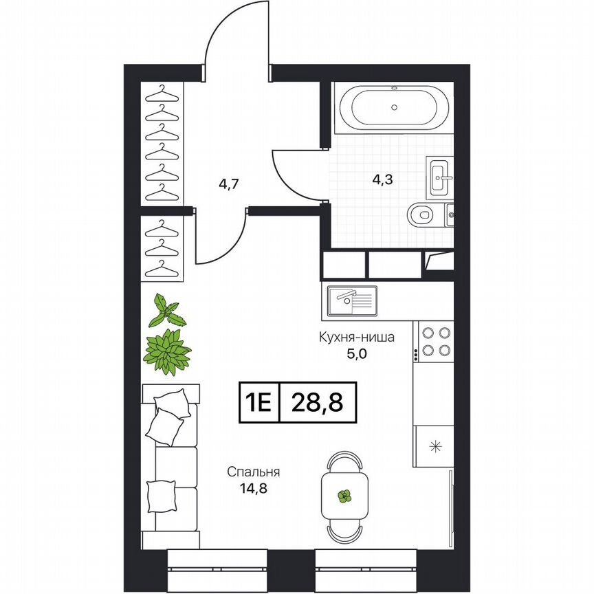 1-к. квартира, 28,8 м², 2/17 эт.