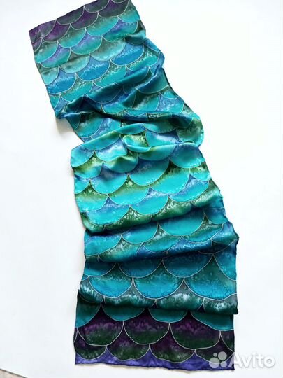 Шелковый шарф с ручной росписью батик бирюзовый