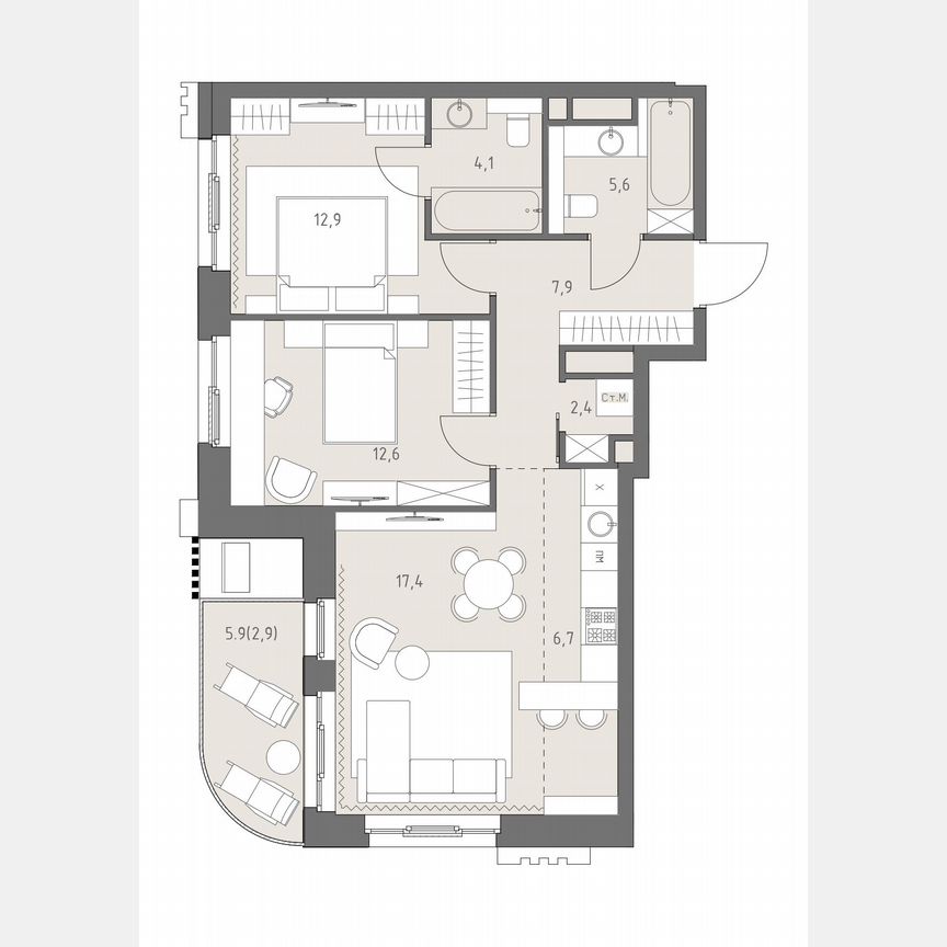 3-к. квартира, 72,5 м², 2/19 эт.