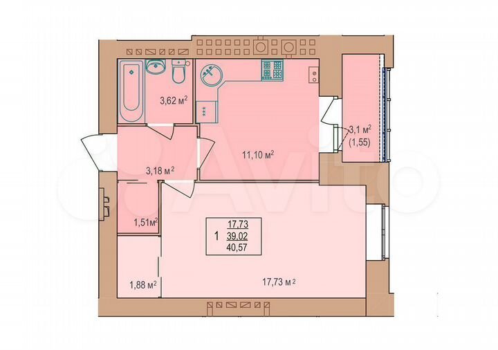 1-к. квартира, 40,6 м², 9/9 эт.