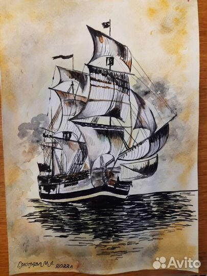 Корабль. Формат А4.Сепия