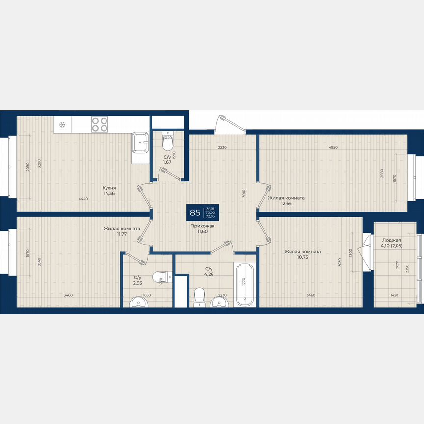 3-к. квартира, 72,1 м², 2/12 эт.