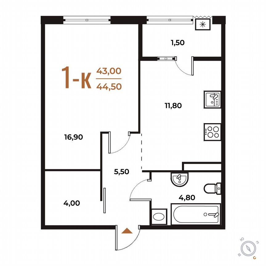 1-к. квартира, 44,5 м², 5/8 эт.