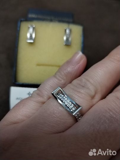 Комплект серебро серьги и кольцо 925