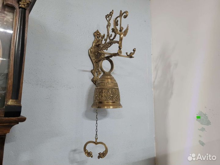 Большой старинный дверной колокольчик, бронза