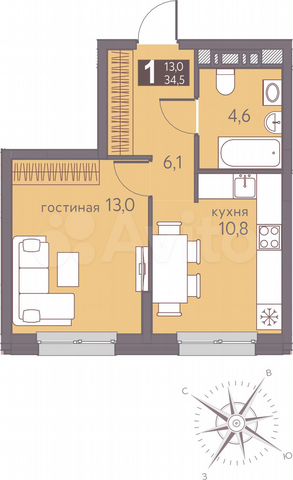 1-к. квартира, 34,5 м², 3/16 эт.