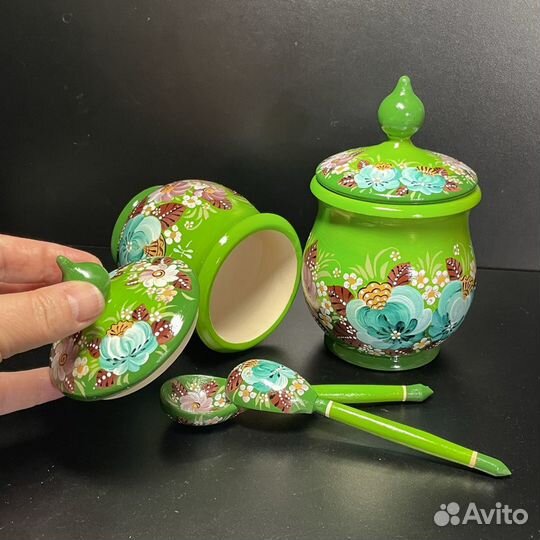 Горшок деревянный, сахарница, бочонок с росписью