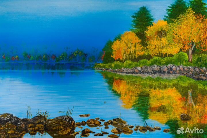 Картина масло холст Осень осенний пейзаж озеро лес