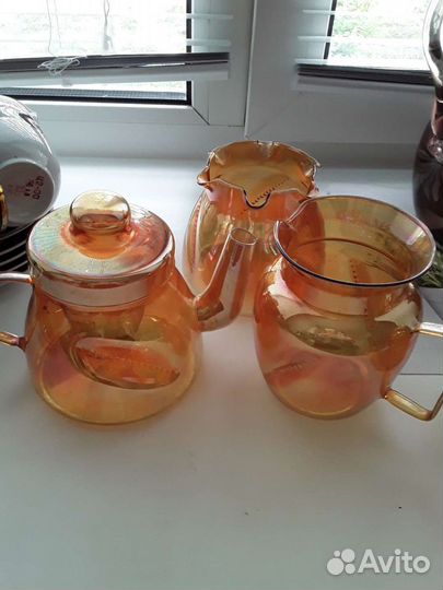 Ваза конфетница цветное стекло, молочник, чайник