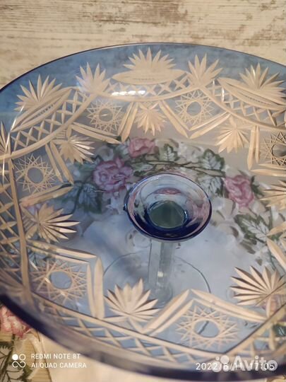 Ваза,фруктовница.Синий хрусталь,стекло,резьба