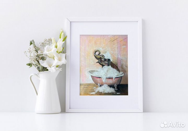 Картина маслом, слон в ванне, 20х25