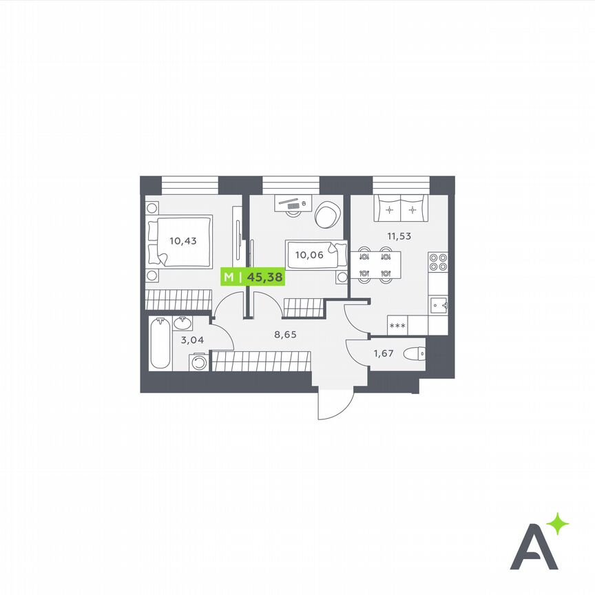 2-к. квартира, 45,4 м², 1/12 эт.