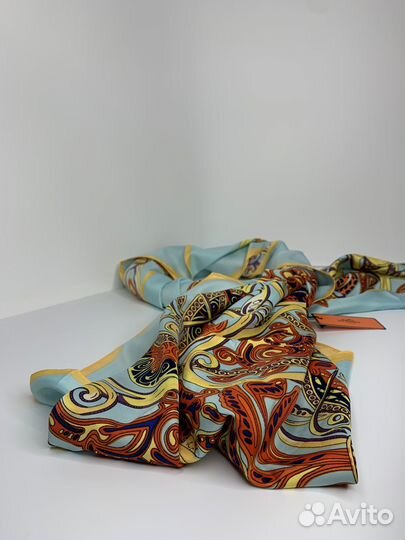 Платок Hermes/Гермес 130х130, принт птицы, голубой