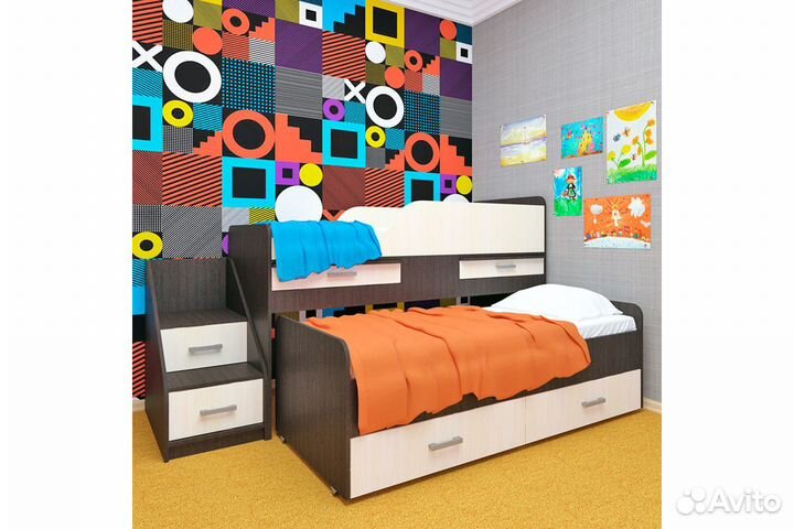 Кровать детская Лёсики двухъярусная с лесенкой, ящ